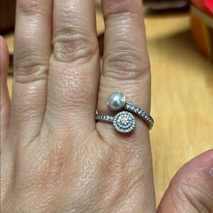 Pandora Silver Ring with Pearl and Sparkling Accents